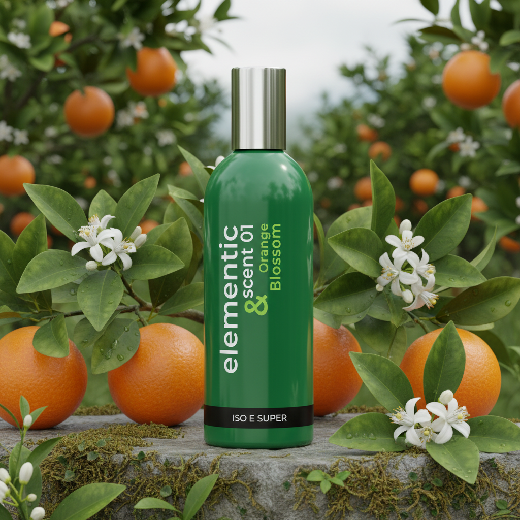 A green bottle of elementic scent oil, specifically the Orange Blossom variant, with a silver cap and white and green text, set against a plain white background.