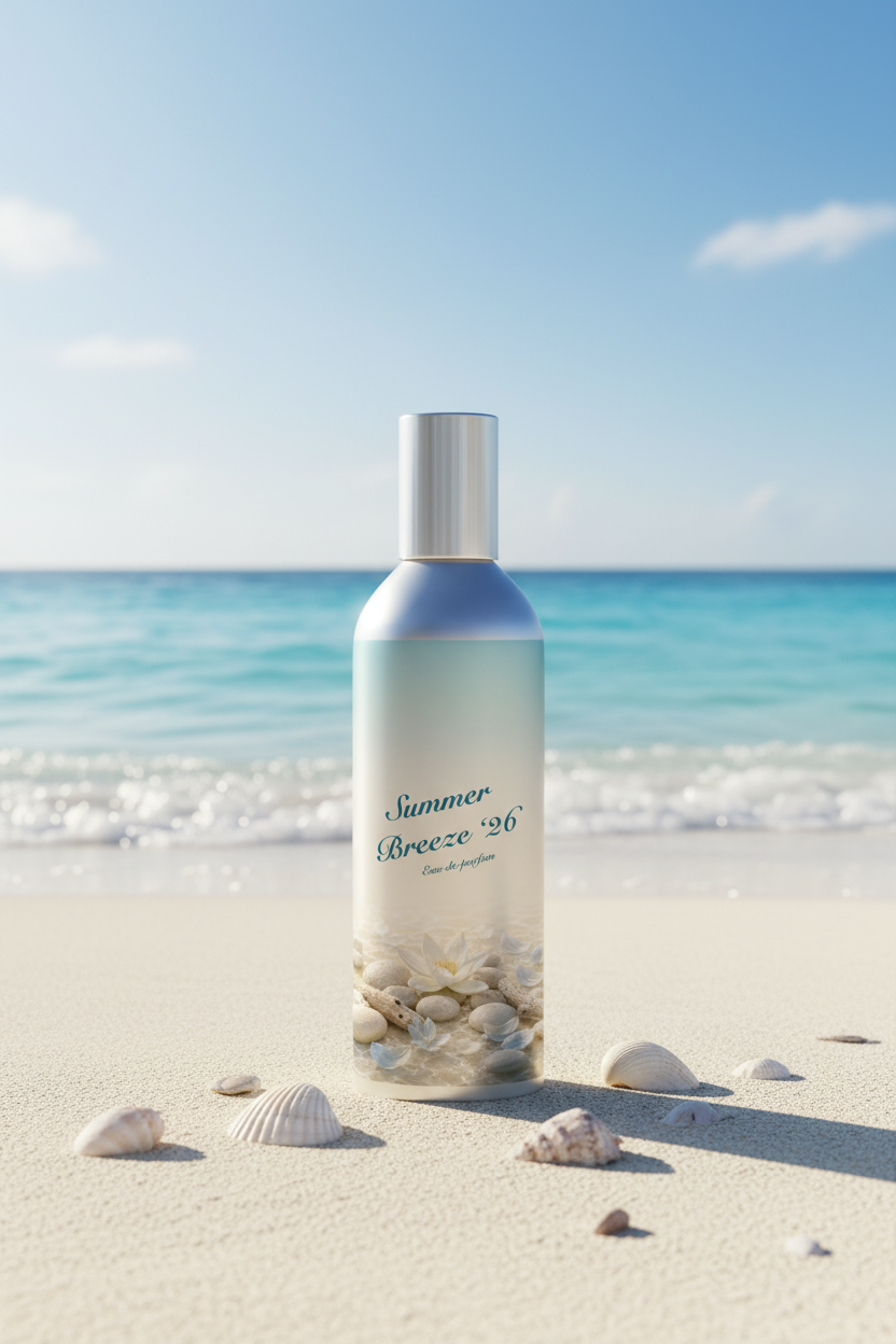 Perfume bottle labeled 'Summer Breeze '26' with a beach-themed design on a white background