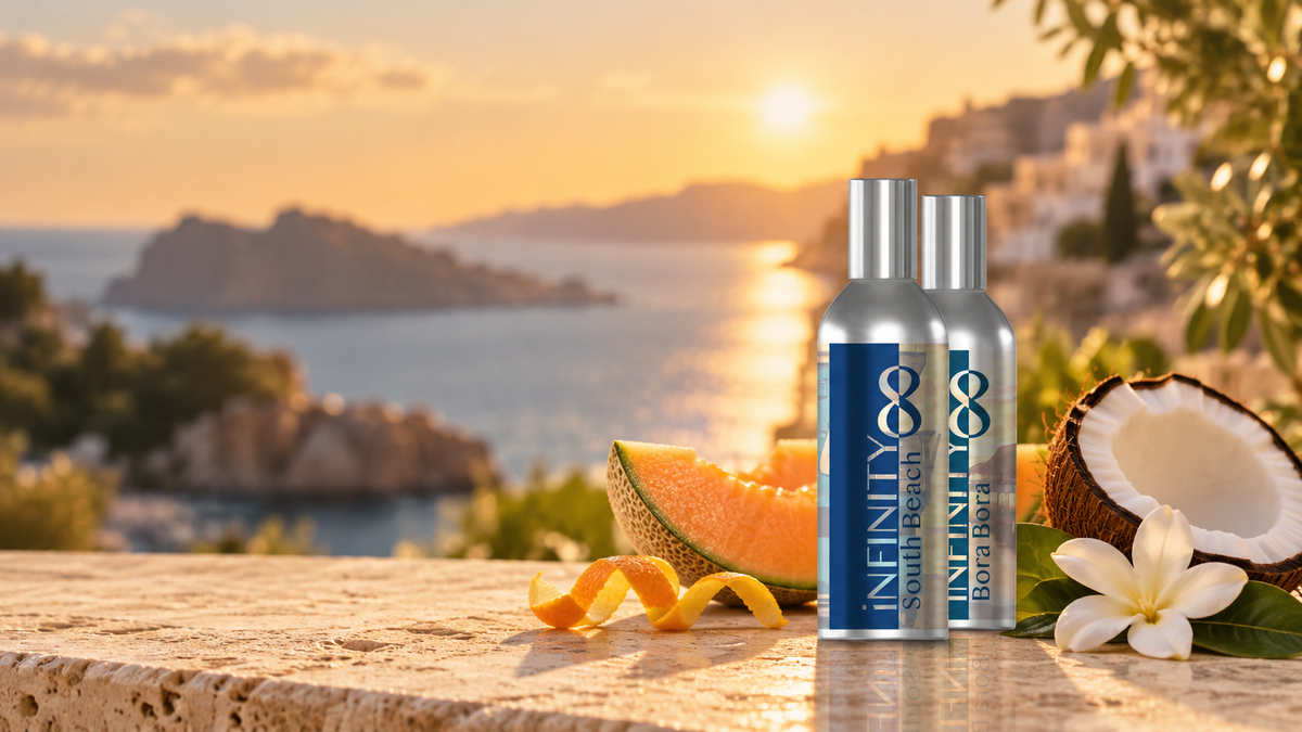 iNFiNITY8 South Beach and Bora Bora fragrance bottles by a Mediterranean sunset with citrus, melon, coconut and tiare flower